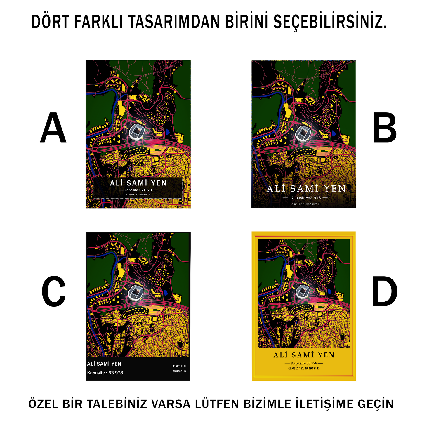 Ali Sami Yen Stadyumu Harita Posteri | Galatasaray Temalı Metal Duvar Posteri | Metal Baskı