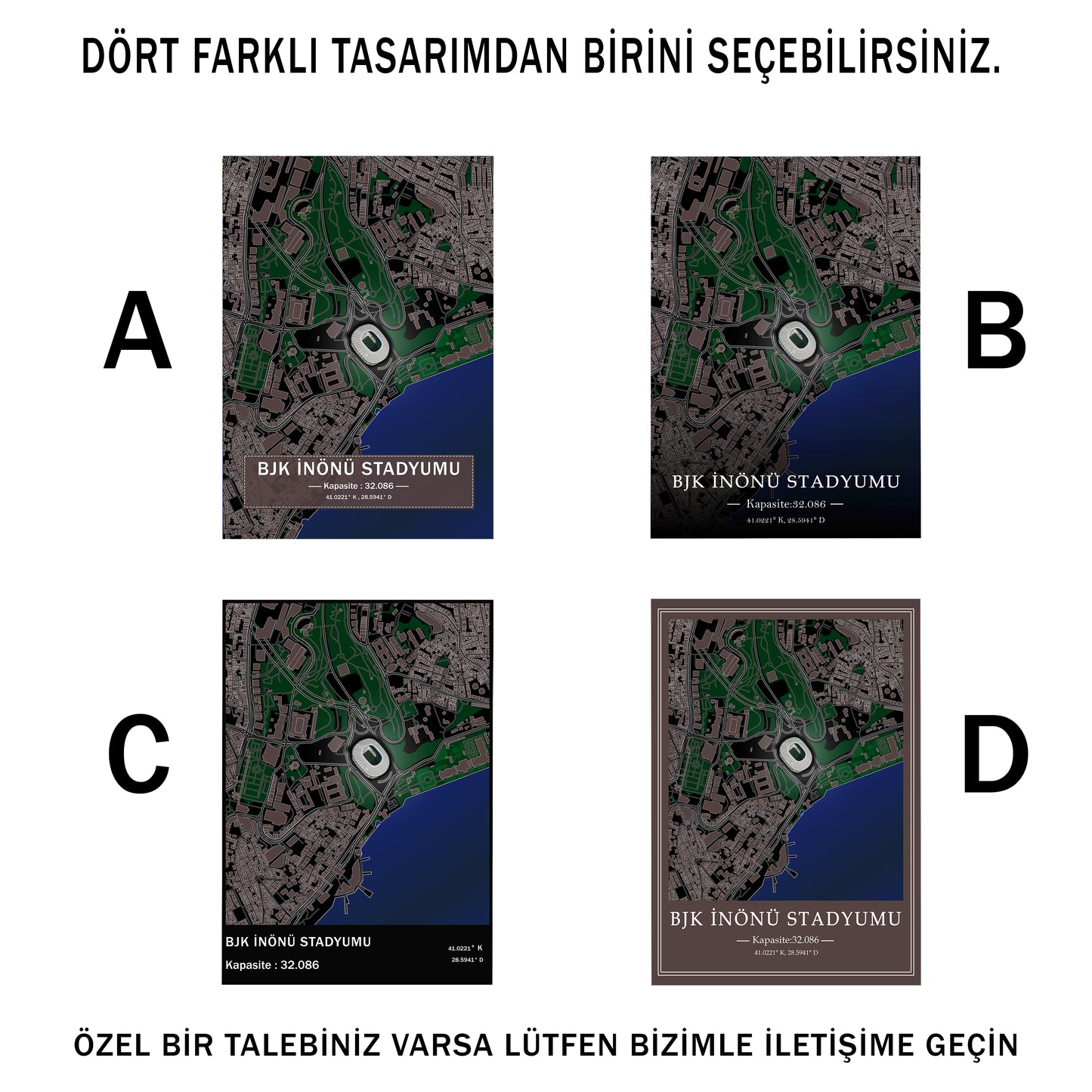 BJK İnönü Stadyumu Harita Posteri | Beşiktaş Temalı Metal Baskı Duvar Dekoru